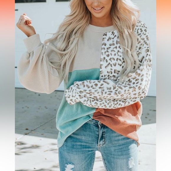 Women’s Crewneck Casual Long Sleeve Patchwork Printed Pullover Knit Sweater - Picture 4 of 9